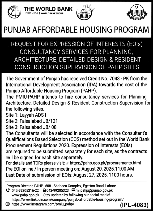 Punjab Affordable Housing Program Tender Notice